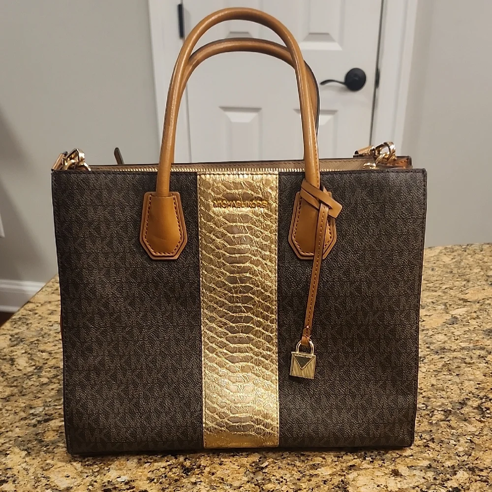 Michael Kors‎ MK Center Stripe Mercer Convertible Tote Natural Original Bag